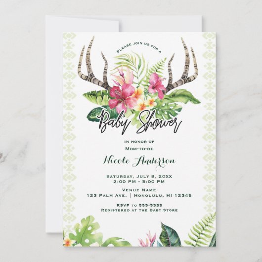 Tropische Bloemen Boho Rustieke Geweih Babyshower Kaart (Voorkant)