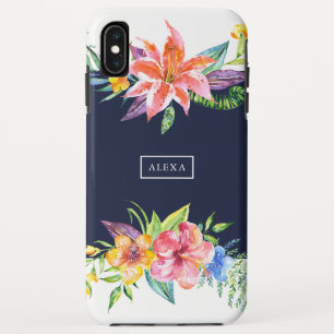 Tropische bloemen bouquet border blue background iPhone XS max hoesje