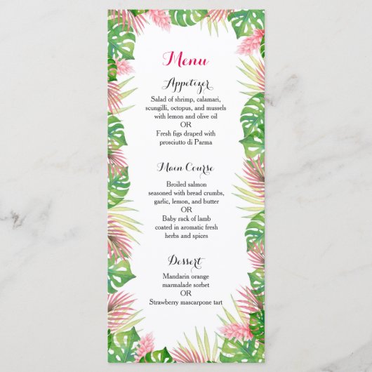 Tropische bloemen bruiloft receptie diner menu (Voorkant)