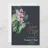 Tropische bloemen donker sparen de datum save the date (Voorkant)