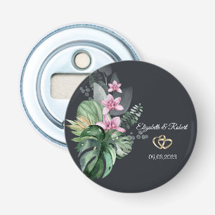 Tropische bloemen donkere bruiloft button flesopener