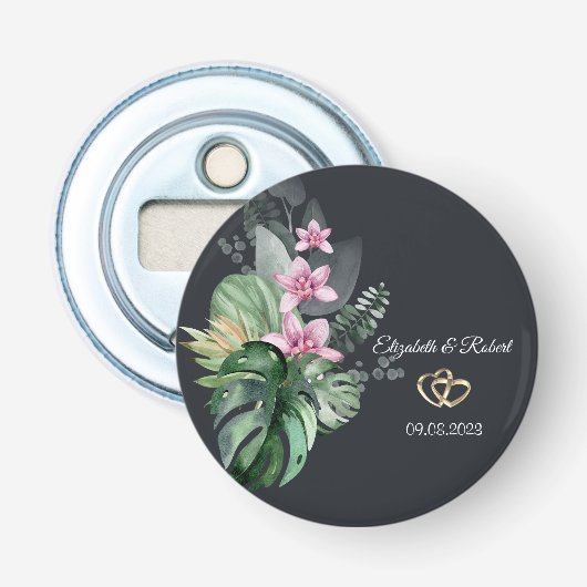 Tropische bloemen donkere bruiloft button flesopener (Voorkant)