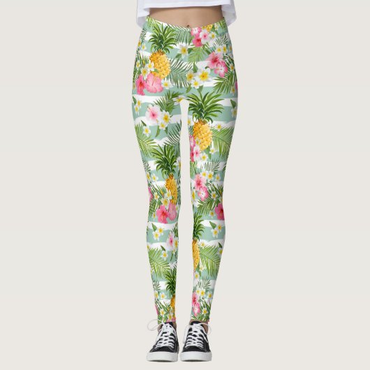 Tropische bloemen en ananas op Blauwgroen strepen  Leggings (Voorkant)