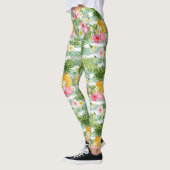 Tropische bloemen en ananas op Blauwgroen strepen  Leggings (Links)