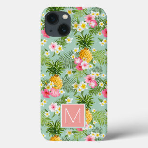 Tropische bloemen en ananassen Voeg je Initiaal iPhone 13 Hoesje