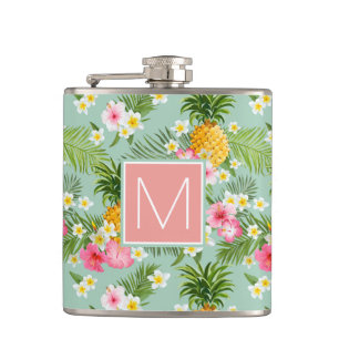 Tropische bloemen en ananassen   Voeg je Initiaal  Heupfles