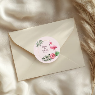Tropische Bloemen en Flamingo Bruiloft Ronde Sticker