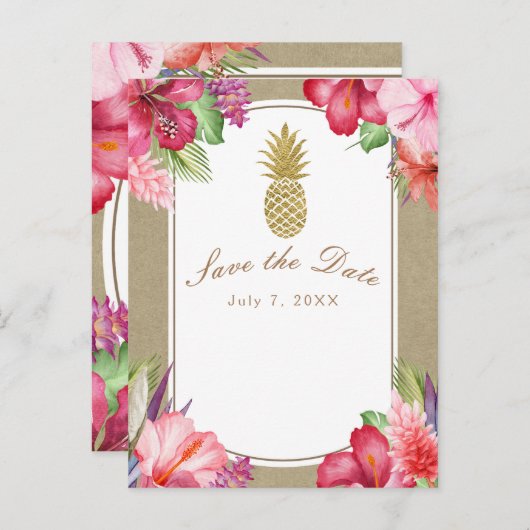 Tropische bloemen en gouden anananas Sla de datum  Aankondigingskaart (Voorkant / Achterkant)