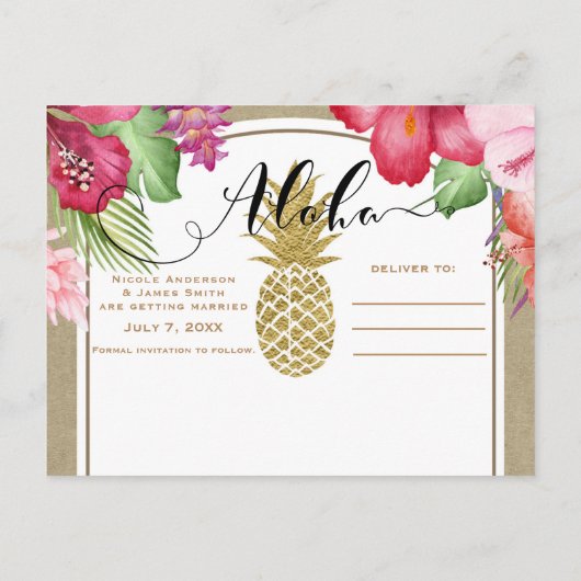 Tropische bloemen en gouden anananas Sla de datum Aankondigingskaart (Achterkant)
