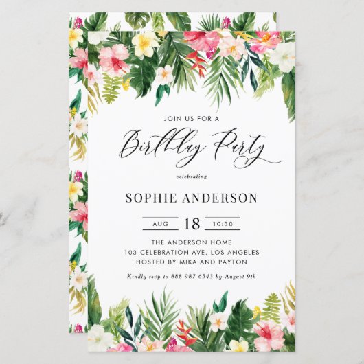 Tropische bloemen en groen verjaardag uitnodiging (Voorkant / Achterkant)