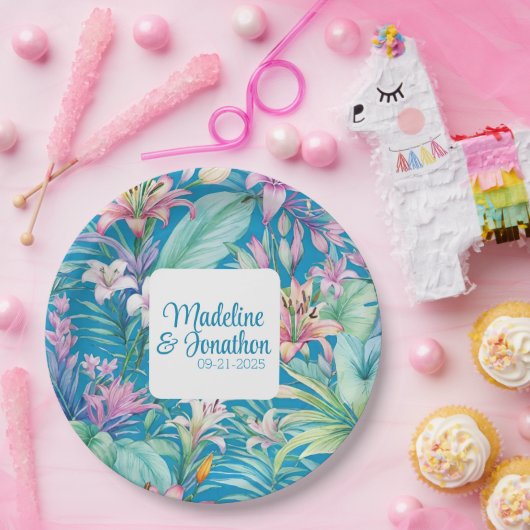 Tropische Bloemen en Groene Eenvoudige Strand Brui Papieren Bordje (Feest)