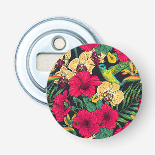 Tropische bloemen en kolibrie - Zomer Botanica Button Flesopener