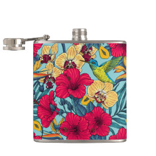 Tropische Bloemen en Kolibrie - Zomer Botanica Heupfles