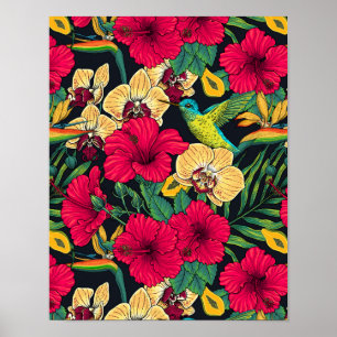 Tropische bloemen en kolibrie - Zomer Botanica Poster