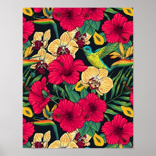 Tropische bloemen en kolibrie - Zomer Botanica Poster (Voorkant)