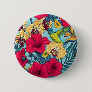 Tropische bloemen en kolibrie - Zomer Botanica Ronde Button 5,7 Cm