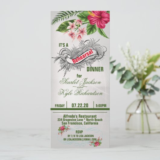 Tropische bloemen en lederen bruiloft-repetitie kaart (Staand voorkant)
