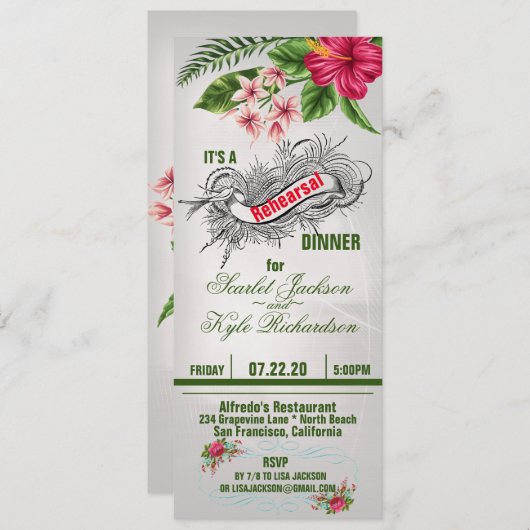 Tropische bloemen en lederen bruiloft-repetitie kaart (Voorkant / Achterkant)