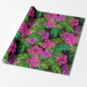 Tropische bloemen en planten op zwart cadeaupapier