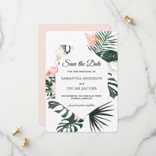 Tropische bloemen en roze flamingo Beauty Save The Date