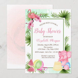 Tropische bloemen Flamingo, olifant Baby shower Kaart