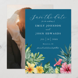 Tropische Bloemen Foto Bruiloft Oceaanblauw Save The Date
