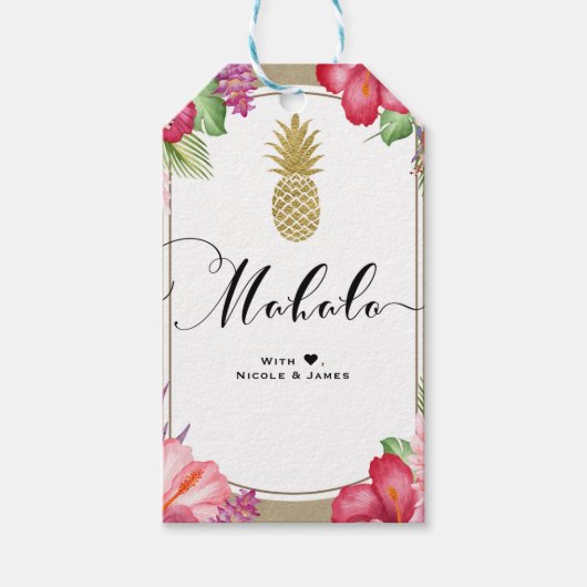 Tropische Bloemen Gouden Ananas Chic MAHALO ALOHA Cadeaulabel (Voorkant)