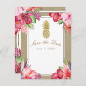 Tropische Bloemen & Gouden Ananas Save the Date Aankondigingskaart (Voorkant / Achterkant)