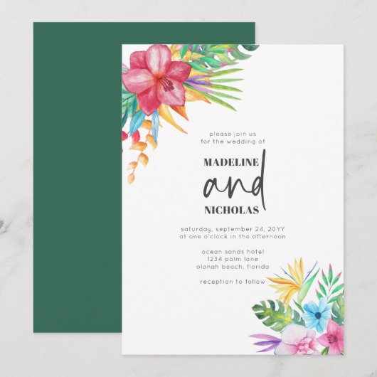 Tropische bloemen Greenery Wedding Kaart (Voorkant / Achterkant)