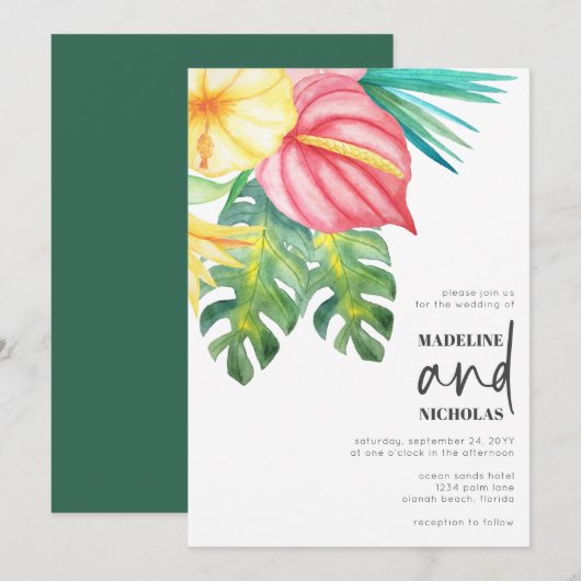 Tropische bloemen Greenery Wedding Uitnodiging (Voorkant / Achterkant)