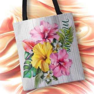 Tropische Bloemen Grijs Hout Gepersonaliseerde AOP Draagtas