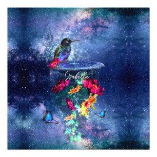 Tropische bloemen, kolibrie, vlinder en sterren foto afdruk