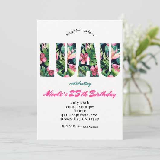 Tropische Bloemen LUAU Verjaardagsfeest Uitnodigin Kaart (Staand voorkant)