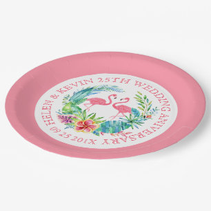 Tropische bloemen met roze flamingos papieren bordje