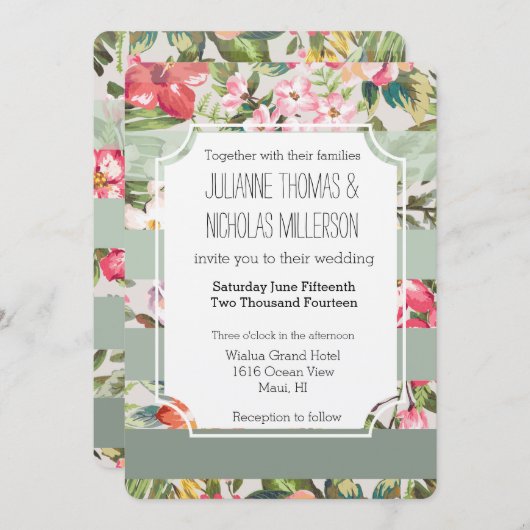 Tropische Bloemen Mint Stripes Bruiloft Kaart (Voorkant / Achterkant)