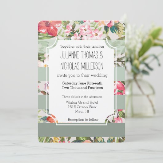 Tropische Bloemen Mint Stripes Bruiloft Kaart (Staand voorkant)