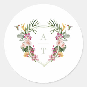 Tropische Bloemen Monogram Huwelijk Ronde Sticker