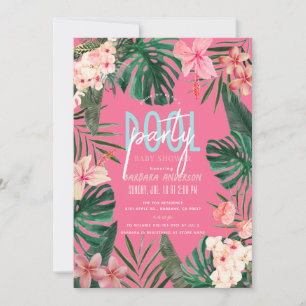 Tropische Bloemen Neon Roze Meisje Baby shower Kaart