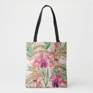 Tropische bloemen, orchidebloem, oerwoud bladeren, draagtas