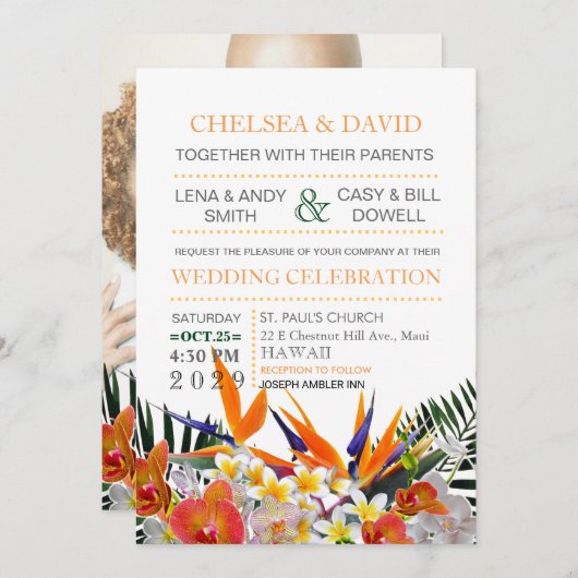 Tropische bloemen palm bladeren moderne chique bru kaart (Voorkant / Achterkant)