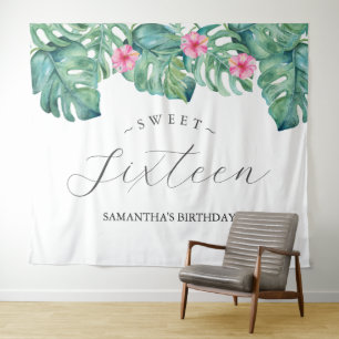 Tropische Bloemen Palm bladeren Photo Booth Achter Wandkleed