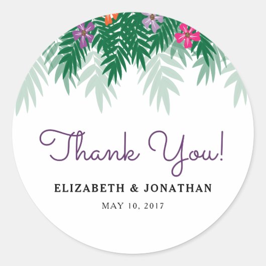 Tropische Bloemen & Palm Branch bruiloft dank u Ronde Sticker (Voorkant)