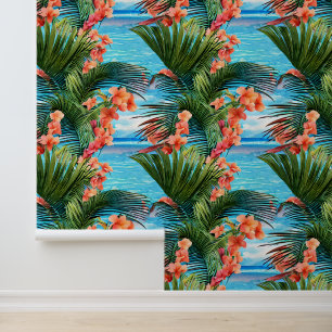 Tropische bloemen palmeiland blauw zee behang