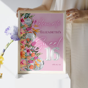 Tropische Bloemen Roze Neon Gloed Sweet 16 Welkom Poster