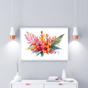 Tropische bloemen roze perzik geel oranje poster