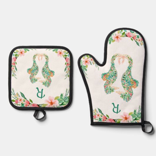 Tropische Bloemen Seahorse Paar Monogrammed Ovenwant & Pannenlap Set (Voorkant)