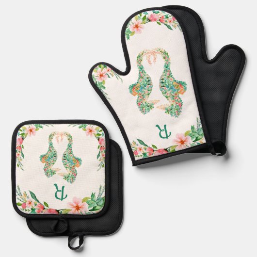 Tropische Bloemen Seahorse Paar Monogrammed Ovenwant & Pannenlap Set (Voorkant / Achterkant)