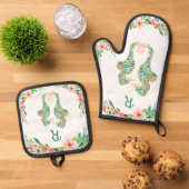 Tropische Bloemen Seahorse Paar Monogrammed Ovenwant & Pannenlap Set (Top down)