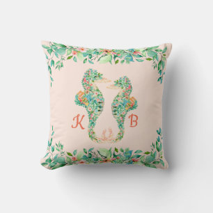 Tropische Bloemen Seahorse Paar Monogrammen Kussen
