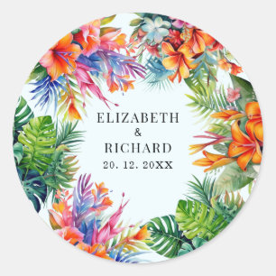 Tropische Bloemen Strand Bruiloft Ronde Sticker